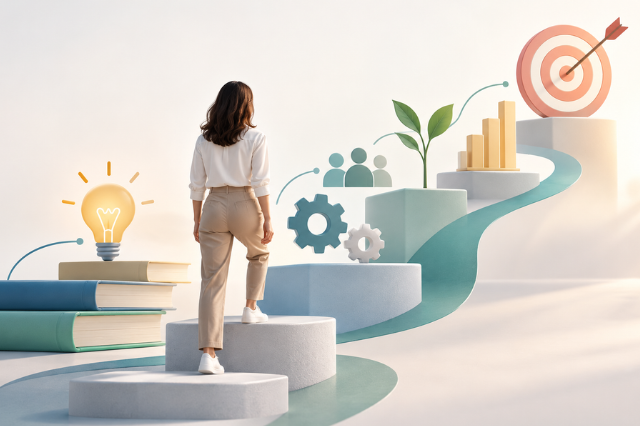 Learning Strategy representada como un camino de aprendizaje, crecimiento y desarrollo profesional